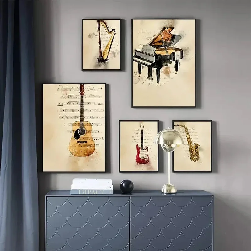 Musical Instrument Piano Guitar Vintage Style Print Canvas Painting Poster Wall Art Music Note Nordic Home Room Decor Picture