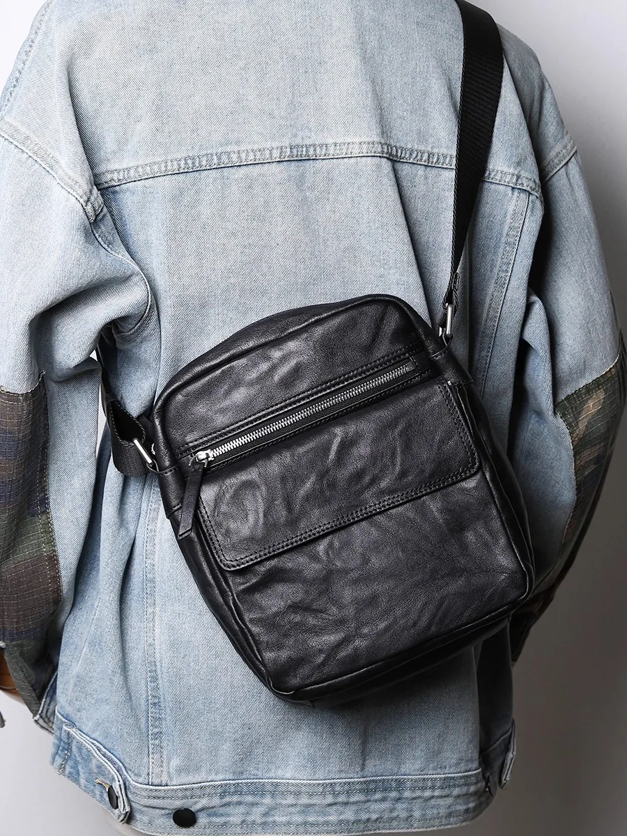SENOFAN New Men's Genuine Leather Vertical Single Shoulder Crossbody Bags Cowhide Casual Commute Backpack Phone Bag Male