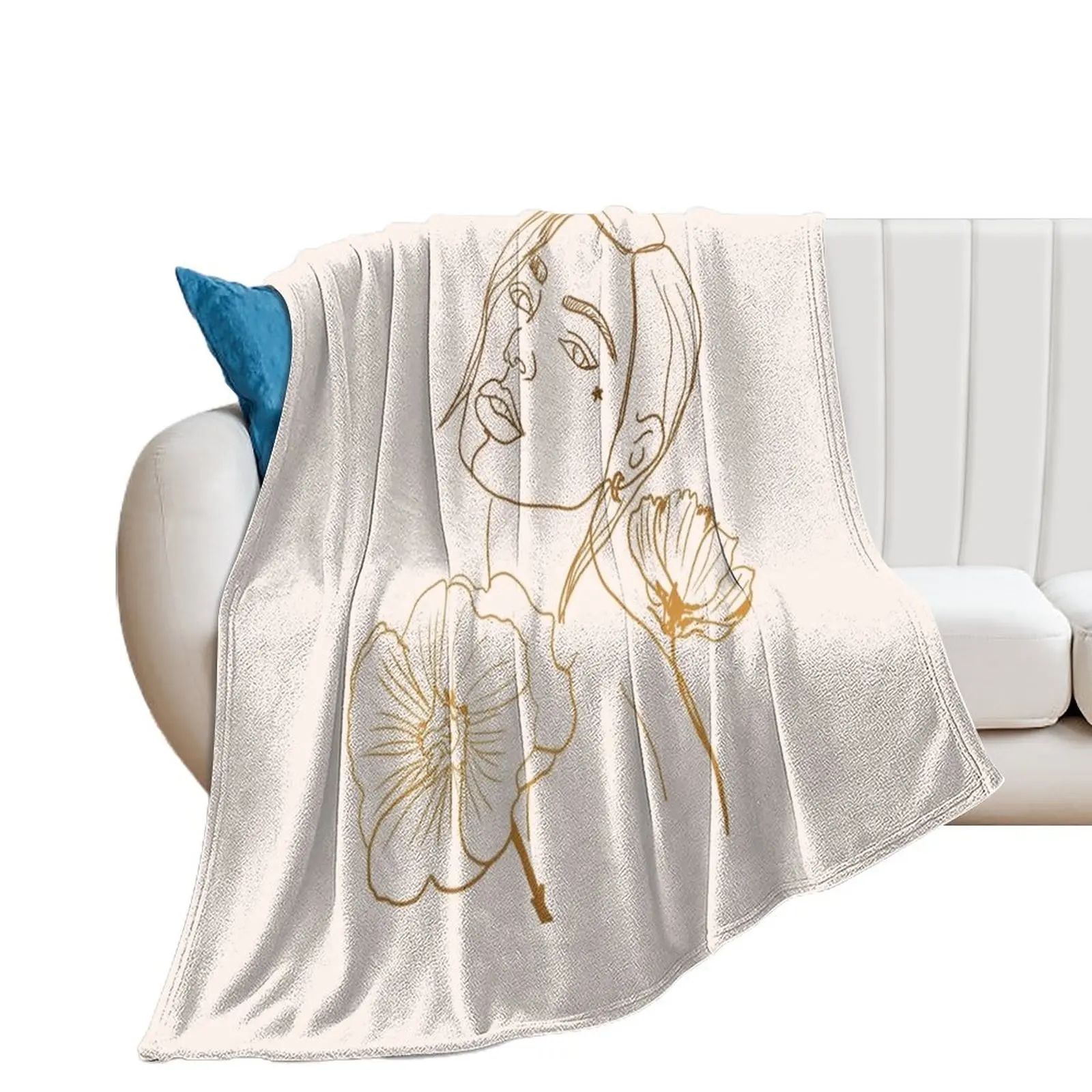 

Golden Line art of a Beautiful woman with flowers Throw Blanket Thermal Beautifuls Beach Sofa Quilt Blankets