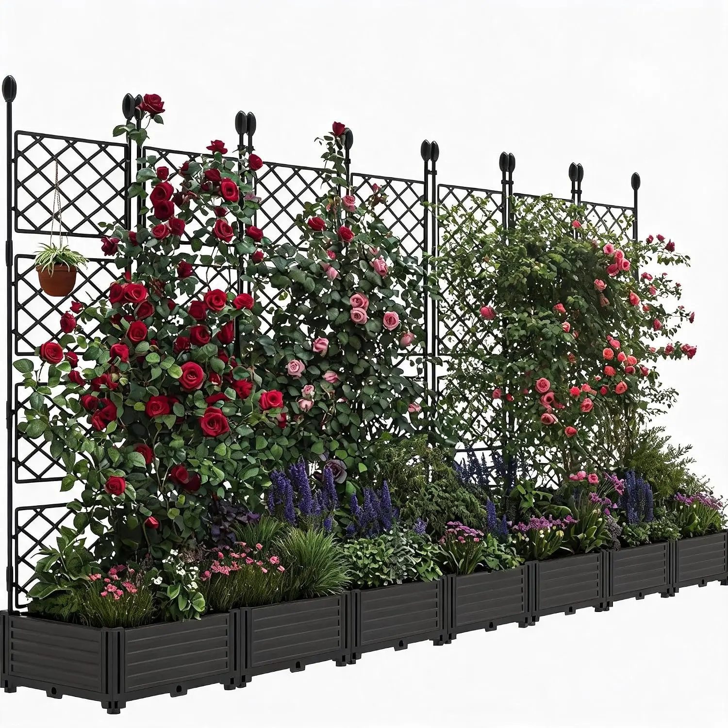 Modular Raised Garden Bed Planter Box Kit with Metal Trellis Stackable 7-Panel for Climbing Plants Veggies and Flowers,Decorative Fence Privacy Panels