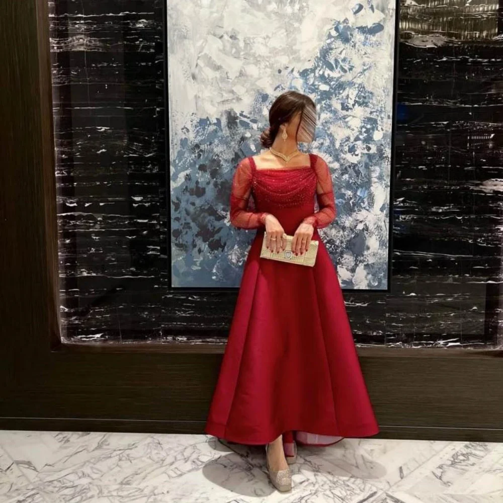 

Customized Exquisite Long Sleeve A-line Evening Dress Charming Ruched Prom Dress Sexy Square Neck Satin Party Gown вечернее