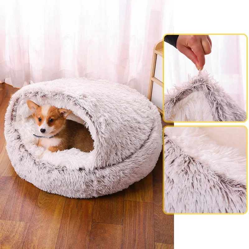 Soft Plush Round Cat Bed Pet Mattress Warm Comfortable Basket Cat Dog 2 in 1 Sleeping Bag Nest for Small Dogs