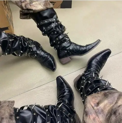 

Punk Women Black Leather Long Spike Rivet Pointed Toe Belt Buckles Cross Strap Med Heels Knee High Boots Long Knight Boots Shoes