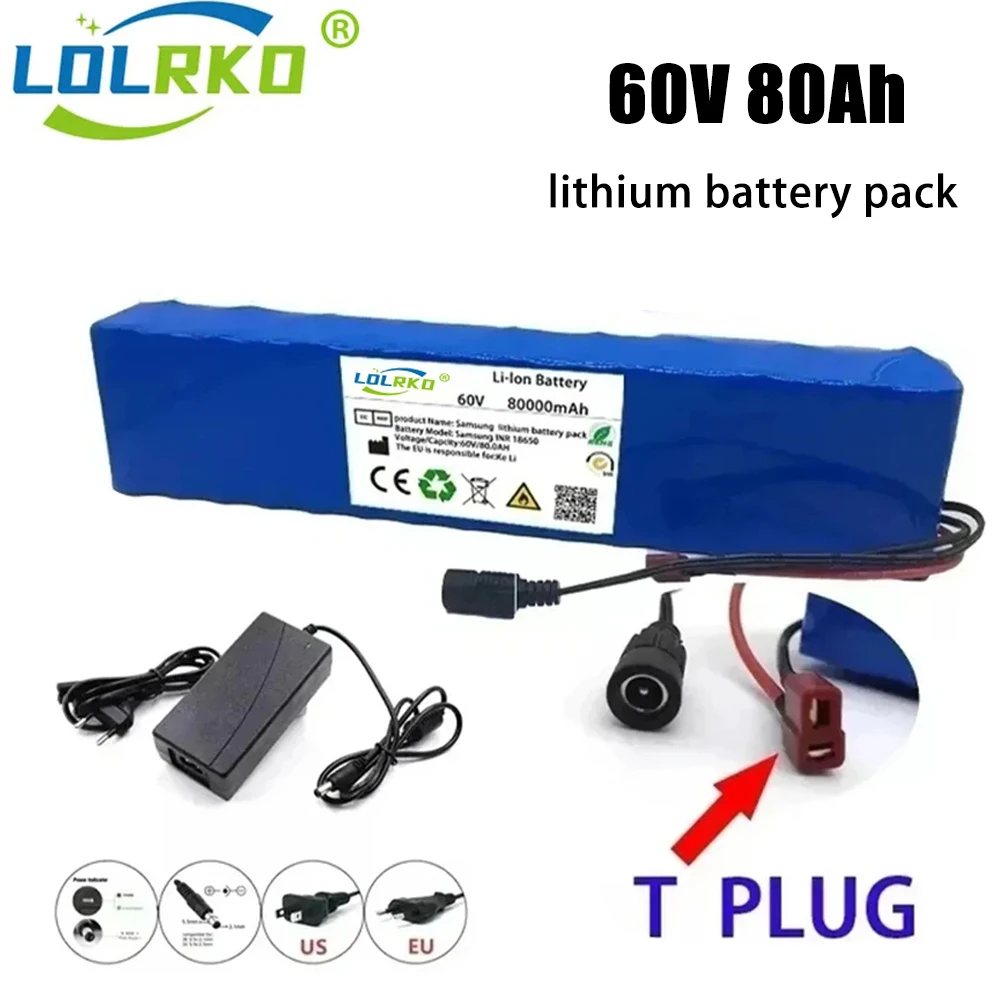 Scooter 18650 Lithium Ion E-Bike Battery Pack New 60V 80000mAH Electric Bike 80Ah 16S2P With BMS + 67.2V Charger