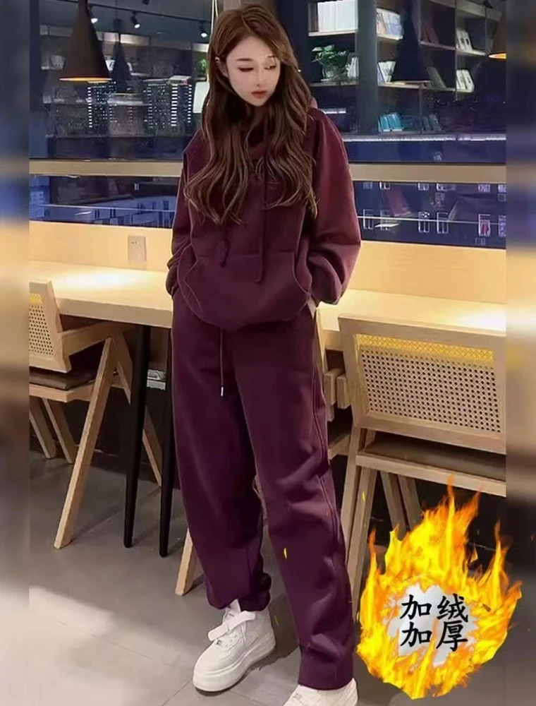 순면 캐주얼 스포츠 세트 여성용 가을 겨울 한국 버전 루즈하고 패셔너블한 여성용 투피스 세트