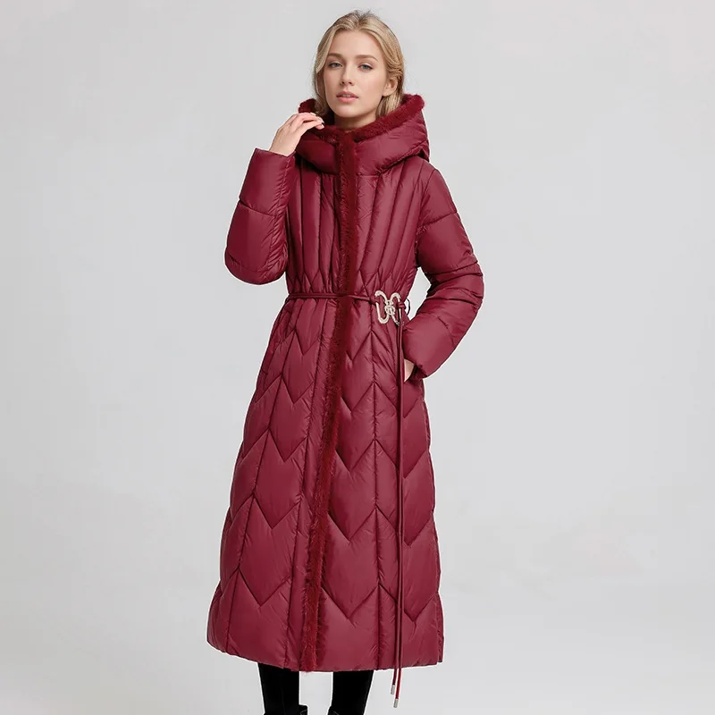 2024 New Long Style Women's Winter Jacket Female Fluffy Edge Hooded Warm Parkas Women's Thicken Over The Knee Cotton Jacket