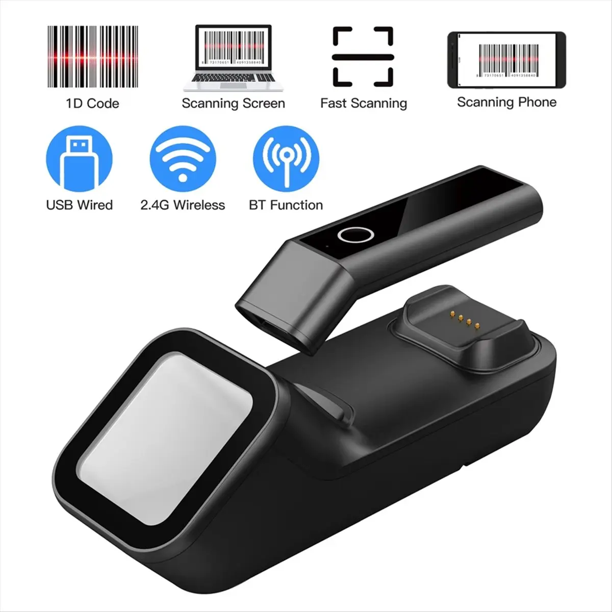 A69Z  Barcode Scanner Handheld 1D Bar Code Reader BT and 2.4G Wireless USB Wired Connection with Charging Scanner 1D Reliable Qu