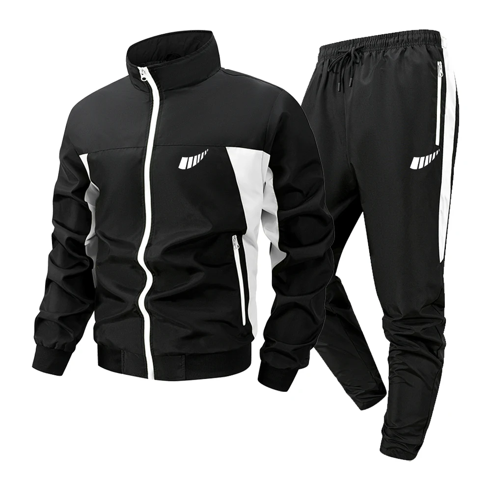 Men's Athletic Set Creative Geometric Print Stand Collar Zip Up Jacket And Trousers For Casual Wear Fitness Commute And Sports