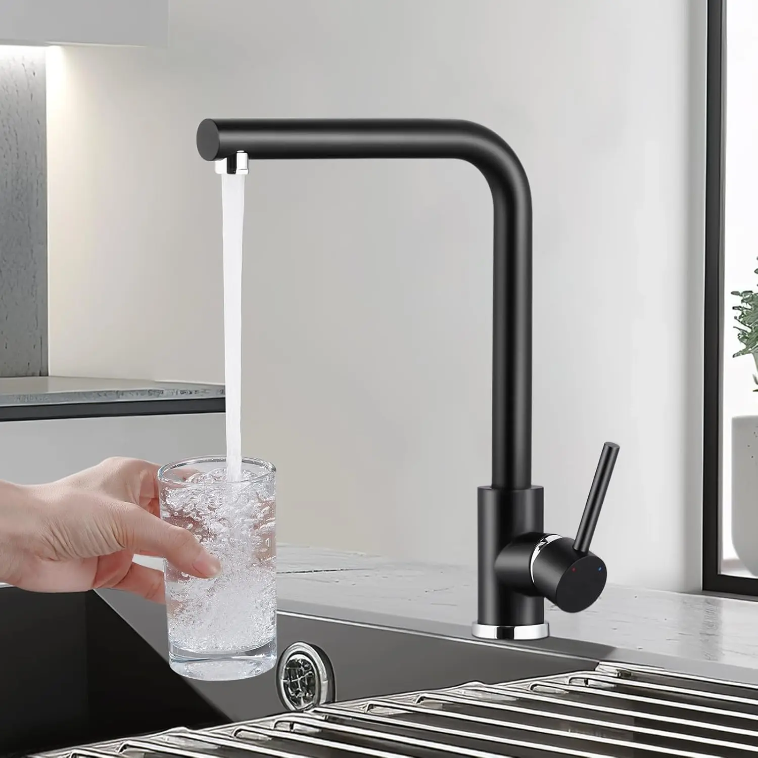 Oeegoo High Pressure Kitchen Tap, Black, Kitchen Tap with 360°Rotatable High Spout, Stainless Steel Mixer Tap