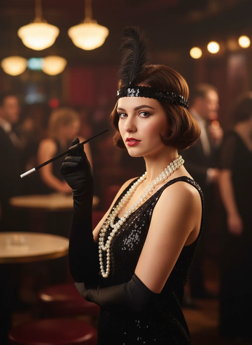 1920s Flapper Costume Accessories Set - Feather Headband Multi Layer Pearl Necklace Long Black Gloves Fake Cigarette Holder for