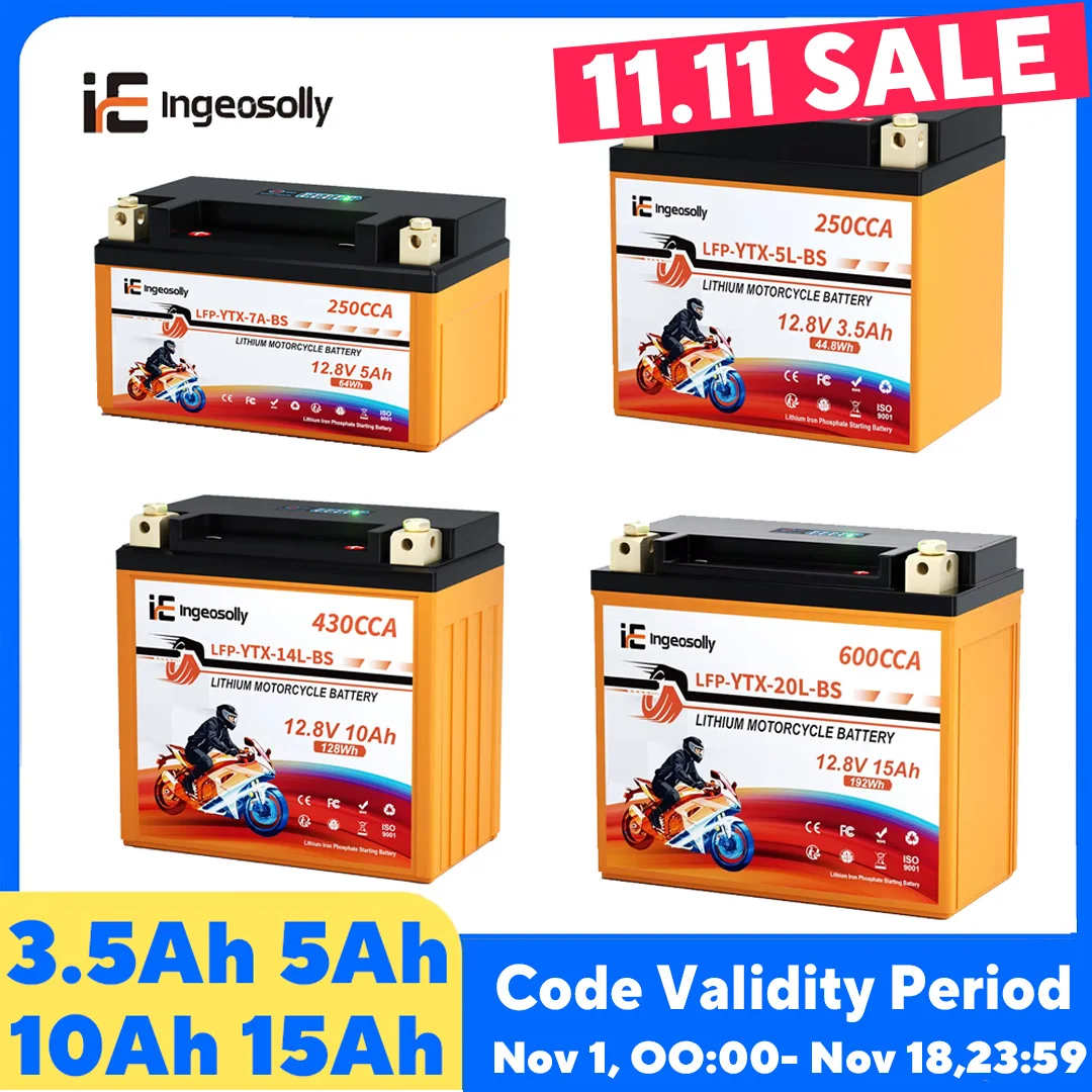 Ingeosolly 12V 3.5Ah 5Ah 10Ah 15Ah Motorcycle Battery  CCA 600 430 250 160 LiFePO4 Starter Battery with BMS Voltage Display for ATV UTV Scooter Snowmobile Yamaha Honda Suzuki