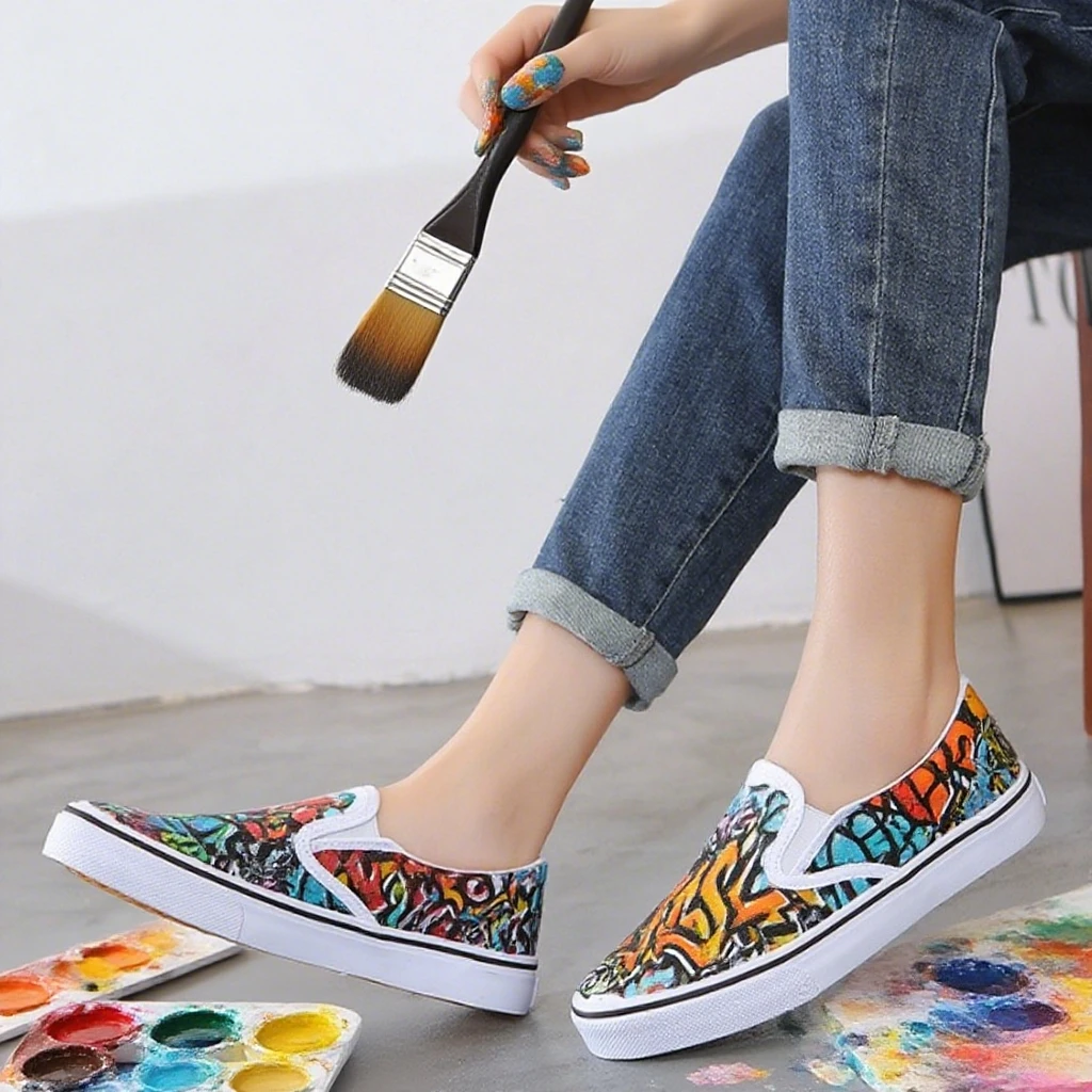 Women's Hand Painted Canvas Shoes White Low Top Slip-On Breathable Comfort Casual Sneakers for Youth Students Summer Walking