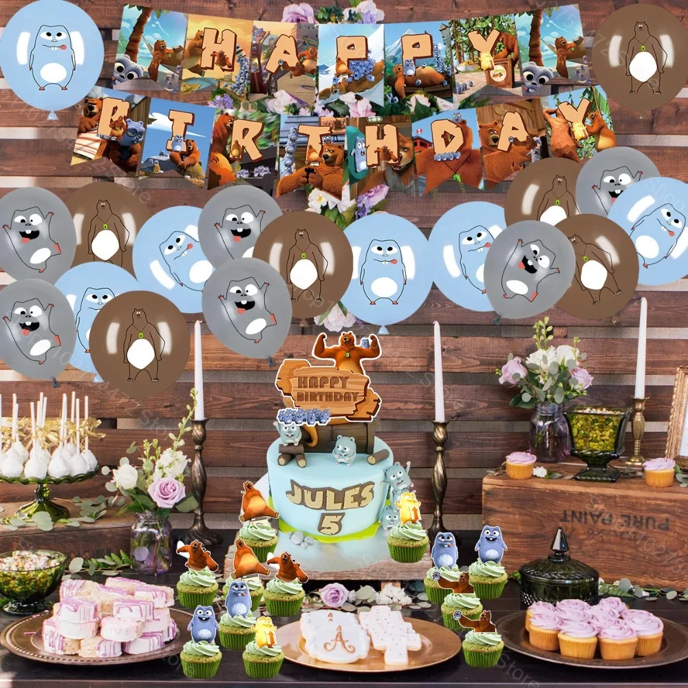 Kawaii Grizzly Lemmings Kids Cartoon Party Supplies Banner Cake Top Balloon Anime Cute Baby Shower Decorations Accessories Gifts