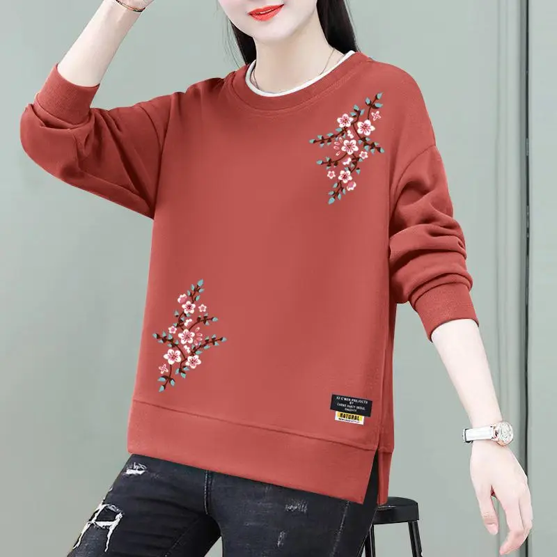 Spring Autumn Round Neck Women\'s Clothing Pullover Lantern Long Sleeve Hoodies Casual Elegant Office Lady Plant&Flowers Tops