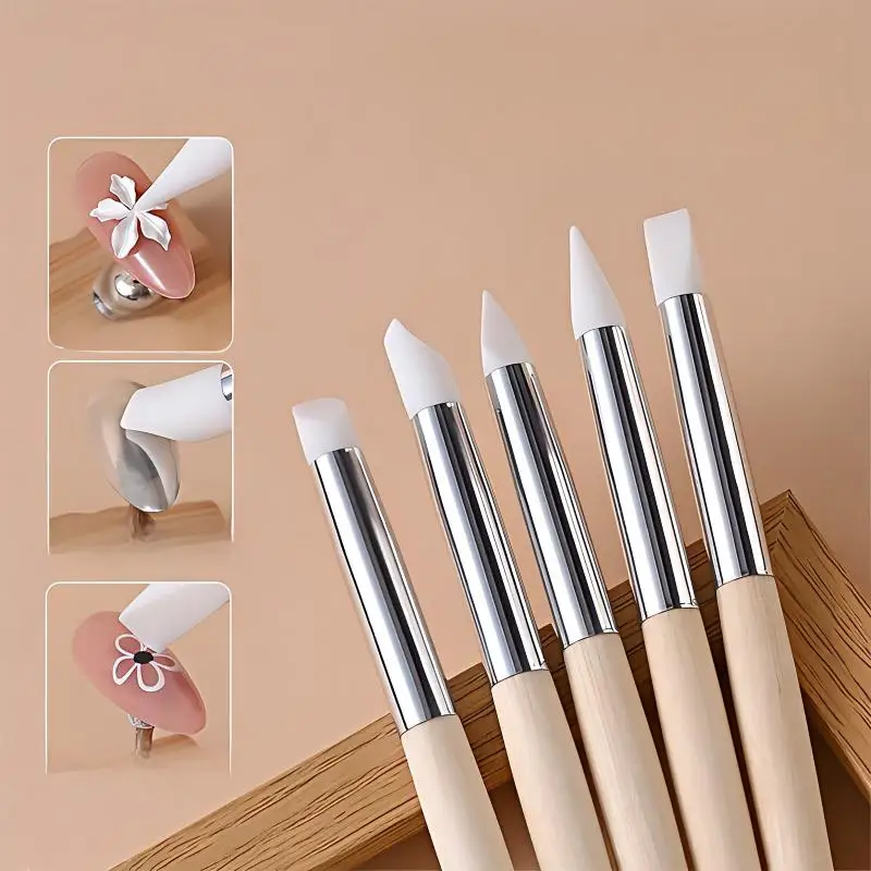 Wooden Handle Silicone Tip Nail Art Pressing Pen Nail Art Carving Pen Multi-Functional Nail Art Tool For Sticker Sequin Pressing