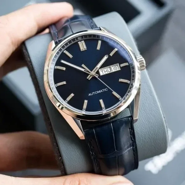 หรูหราใหม่ Mens Automatic Mechanical นาฬิกาสร้อยข้อมือสแตนเลสสีดําหนังวัน-วันที่ธุรกิจนาฬิกา