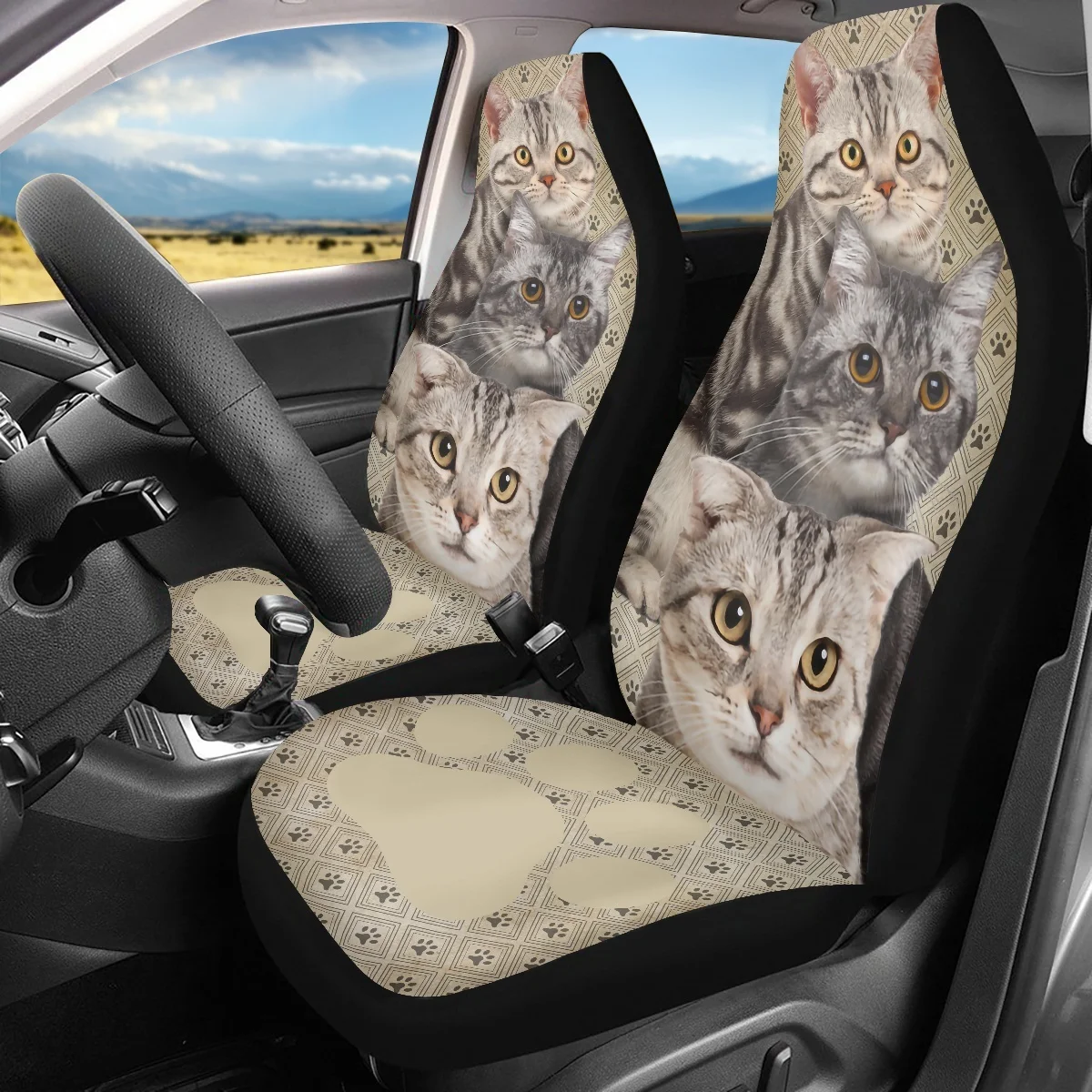 Kawaii Bohemian Cats and Paws Pattern Car Seat Covers for Woman Men Easy Install Car Accessories Tools Universal Auto Truck Van