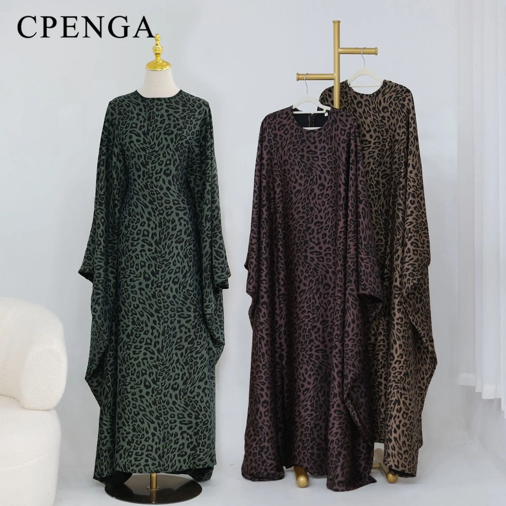 Women's Batwing Sleeve Leopard Print Abaya Dubai Luxury Muslim Modest Dress Butterfly Kaftan Robe Islamic Turkehy Kaftan Femme