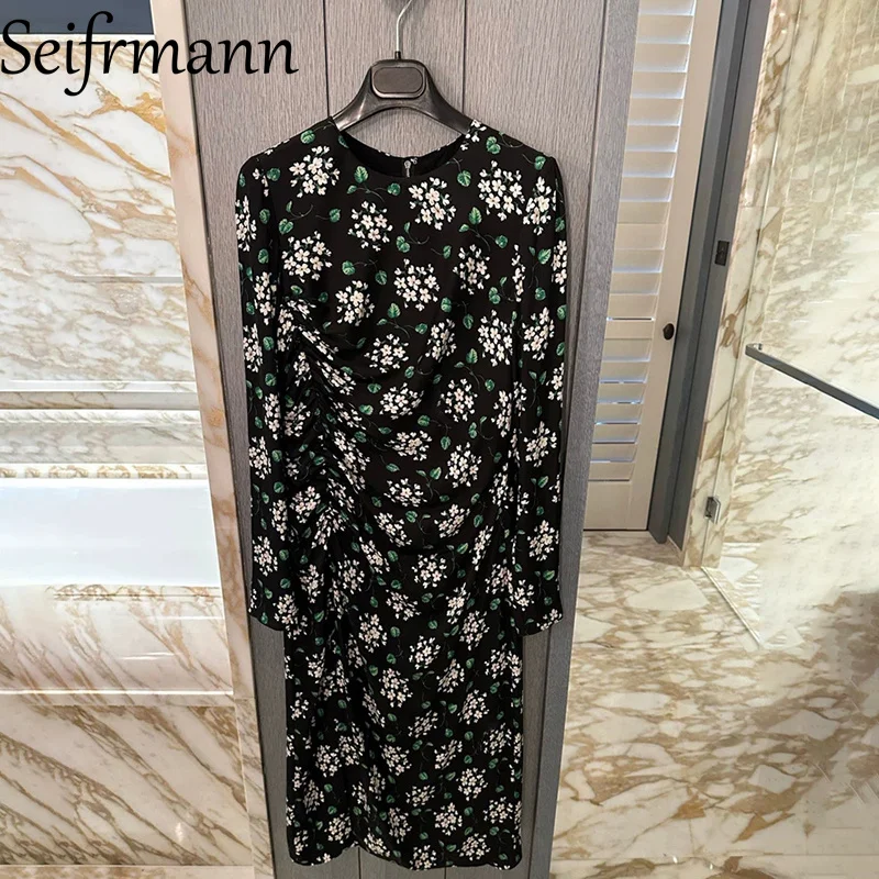 Seifrmann2026 Summer Women's New Fashionable Round Neck Long Sleeve Silk Printed Waist cinching Mid length Dress