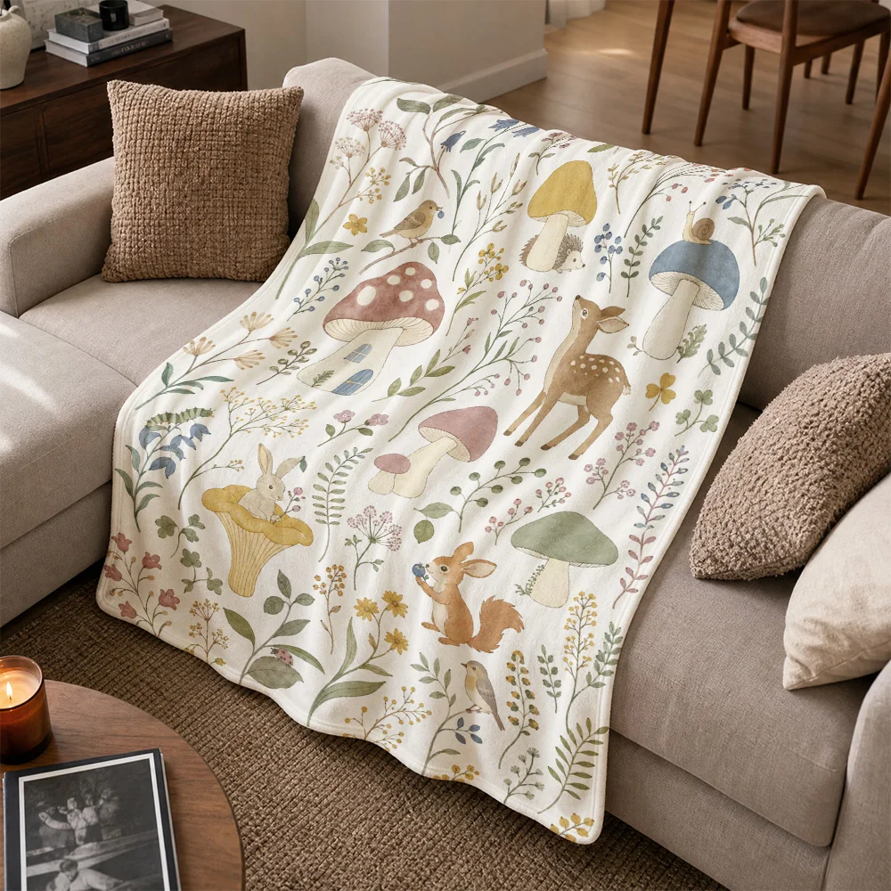 Cottagecore Mushroom Woodland Animal Print Throw Blanket Sofa Decor Cozy Chunky Knit for Living Room