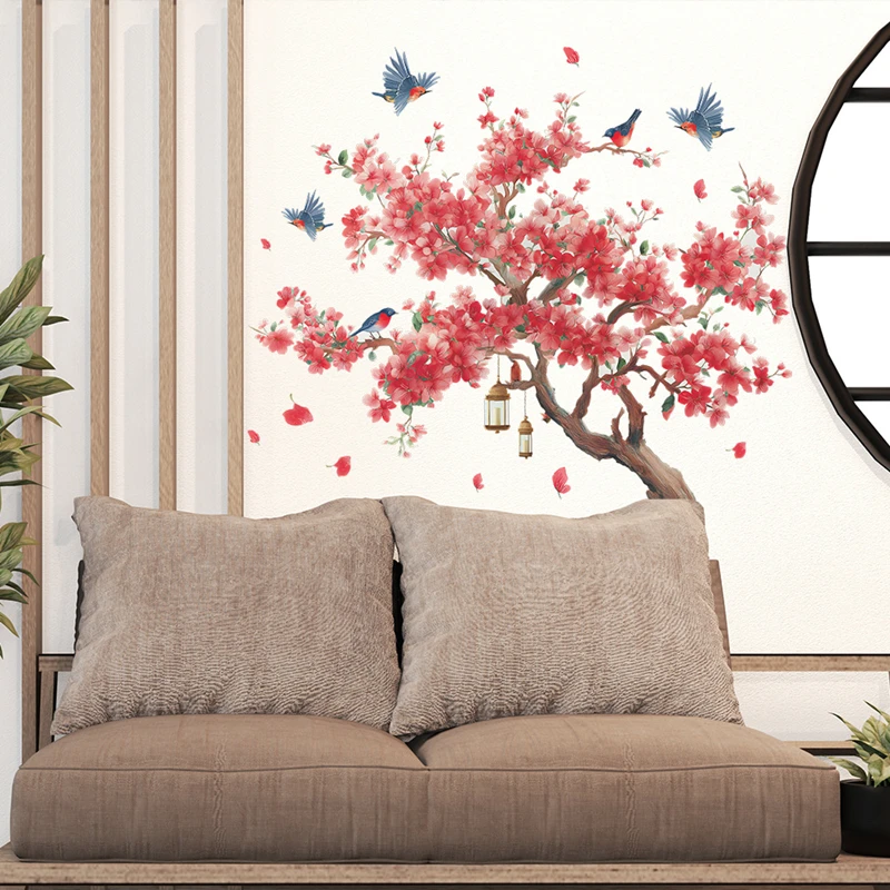 Lucky Big Peach Blossom Tree Joyous Magpies Vinyl Wall Stickers for Living Room Bedroom Prosperity Romantic Home Decoration