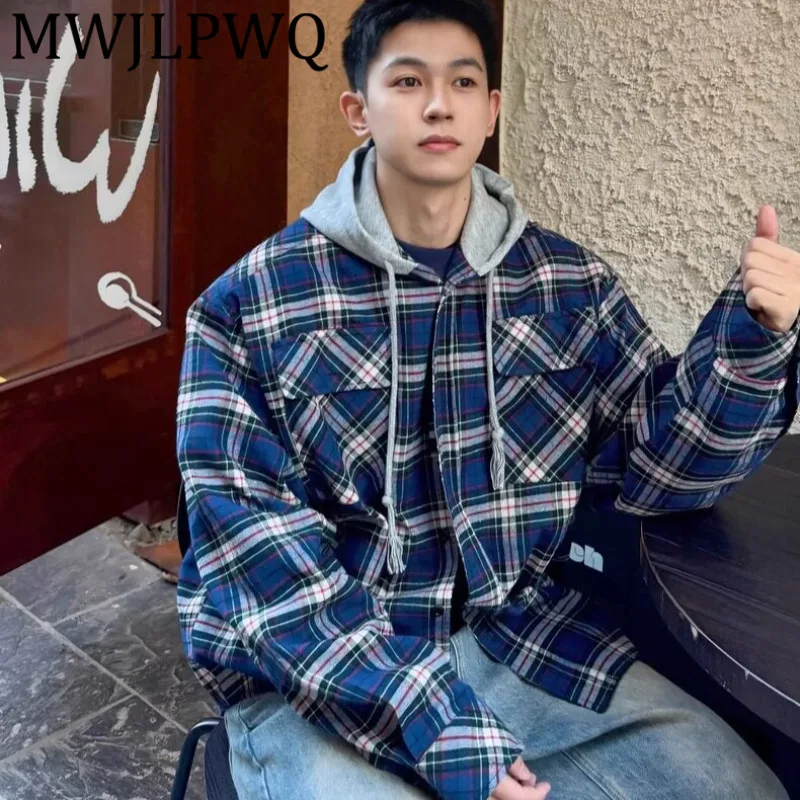 

MWJLPWQ Plaid Reversible Loose VIBE Hooded Jacket Men's High Street Drawstring Single Breasted Casual Tops 2025 Autumn New 21874