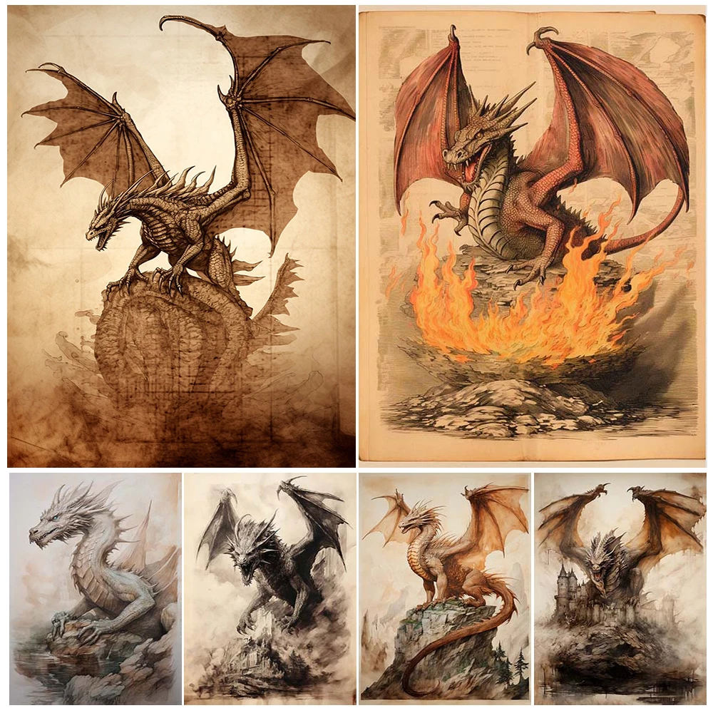 Magic Dragon Vintage Wall Art Canvas Painting Epic Fantasy Demon Dragon Art Poster And Print For Living Room Decoration Unframed