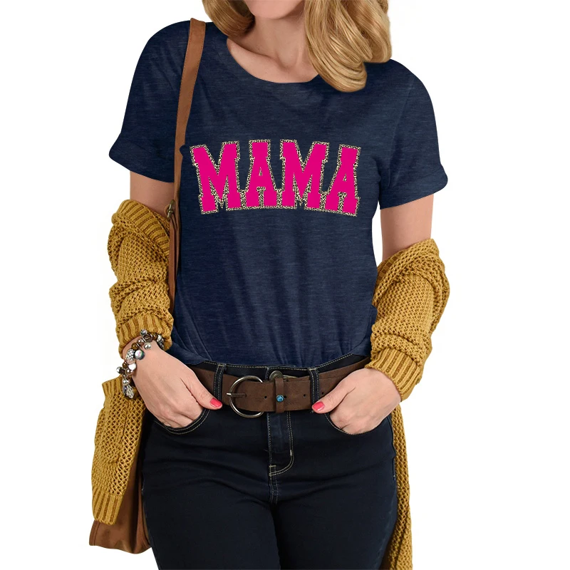 Retro Vintage Leopard Mama T-shirts Motherhood Classic Top Mothers Day Gift Flowers Bow Cute Mama Crew Neck Short Sleeve T-shirt