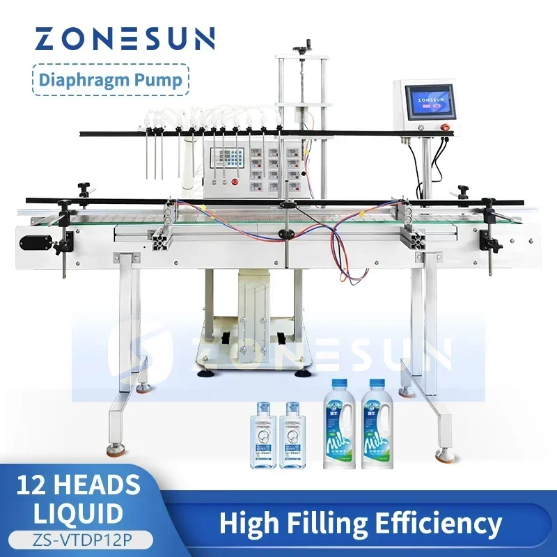 Zonesun Automatische Flüssigkeitsfüllmaschine, 12 Köpfe, 30–4000 ml, Wasserflaschenfüller, Membranpumpe, Verpackungsleitung ZS-VTDP12P