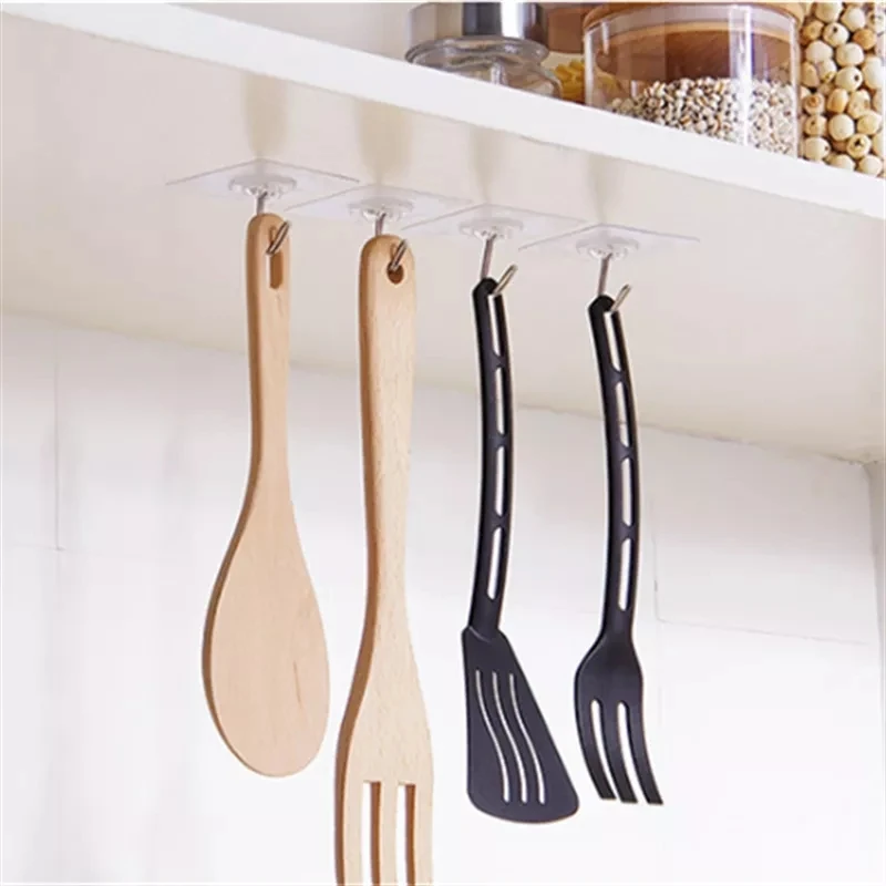 10/20pcs Wall Adhesive Hooks Transparent Wire Shelf Rack Hook Wall Mount Free Punch Kitchen Bathroom Non Trace Stickers Holder