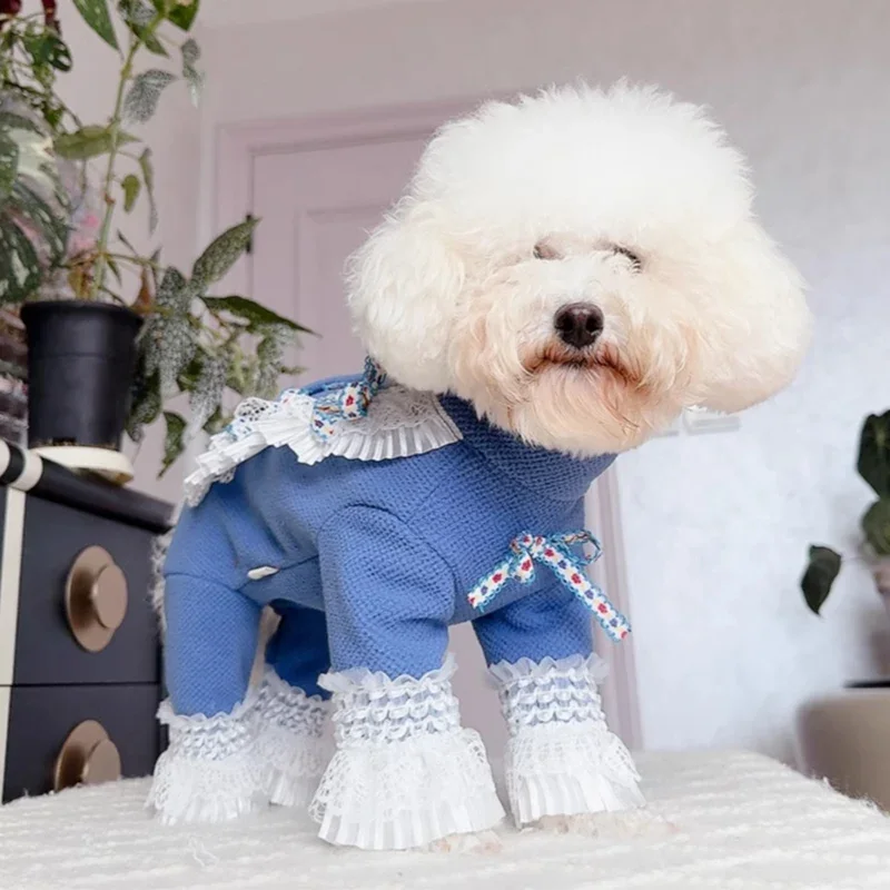 

Синяя толстая хлопковая одежда для собак, модные повседневные комбинезоны с запахом на животе для маленьких и средних собак, комбинезоны для щенков шнауцера