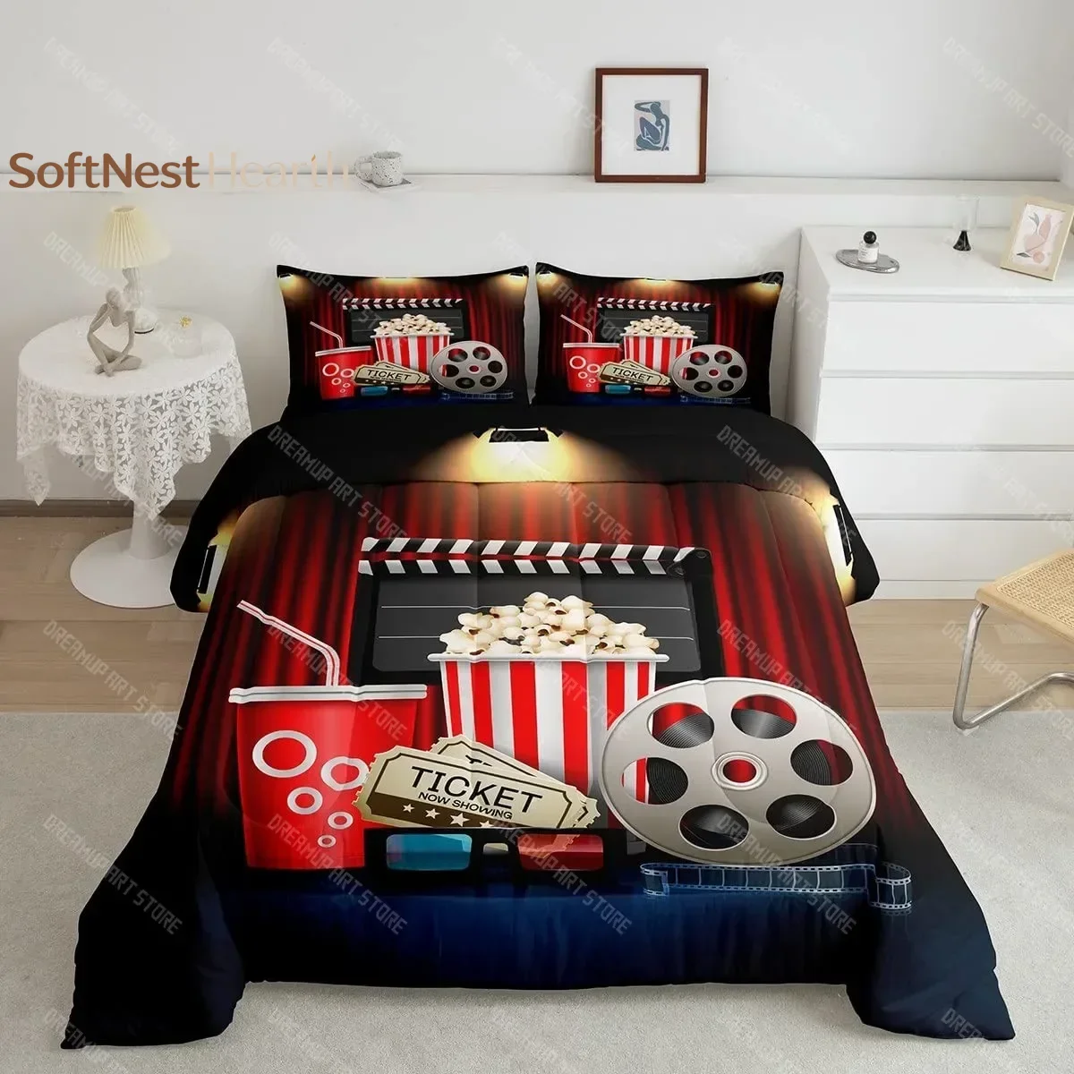 2026 Vintage Cinema Ticket Duvet Cover Movie Theater Theme Bedding Set Filmstrip Home Decor Comforter Cover Kids Teens Bedroom D