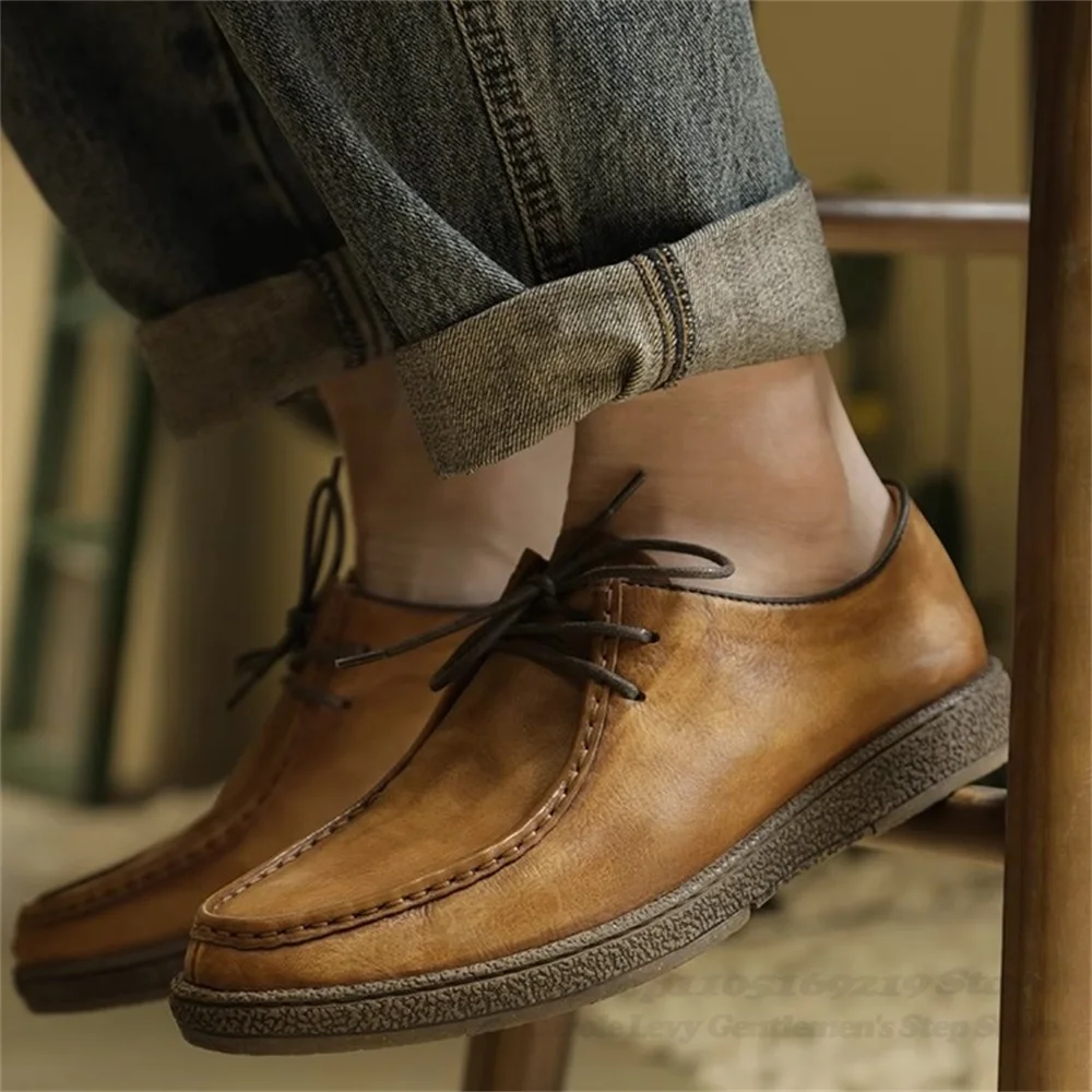 

Retro Washed Genuine Leather Casual Leather Shoes Men Round Toe Platform Breathable Soft Soled Loafers Trendy Men Lace Up Shoes
