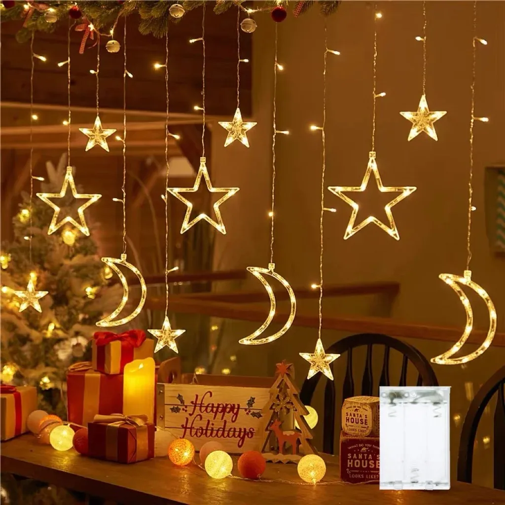 

Waterproof Star Moon LED Curtain String Lights, 3.5M Fairy Lights with Remote Control 8 Modes for Garden Birthday Party