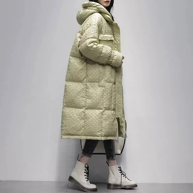 Solid Color 90% Down Coat Hooded Collar Zipper X-Long Loose All-match Korean Winter Puffer jacket women 90% white duck outwear