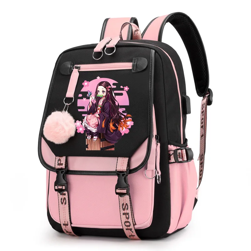 Ransel Anime Demon Slayer Kawaii, tas sekolah Manga, kartun, tas buku kapasitas besar, untuk remaja, ransel isi ulang USB