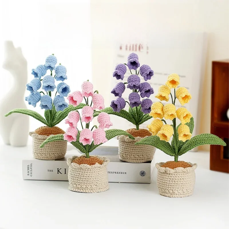 

Handmade Elegant Artificial Flowers Crocheted Knitted Bellflower The Valley Flower Potted Desk Room Decor Ornament Wedding Gift
