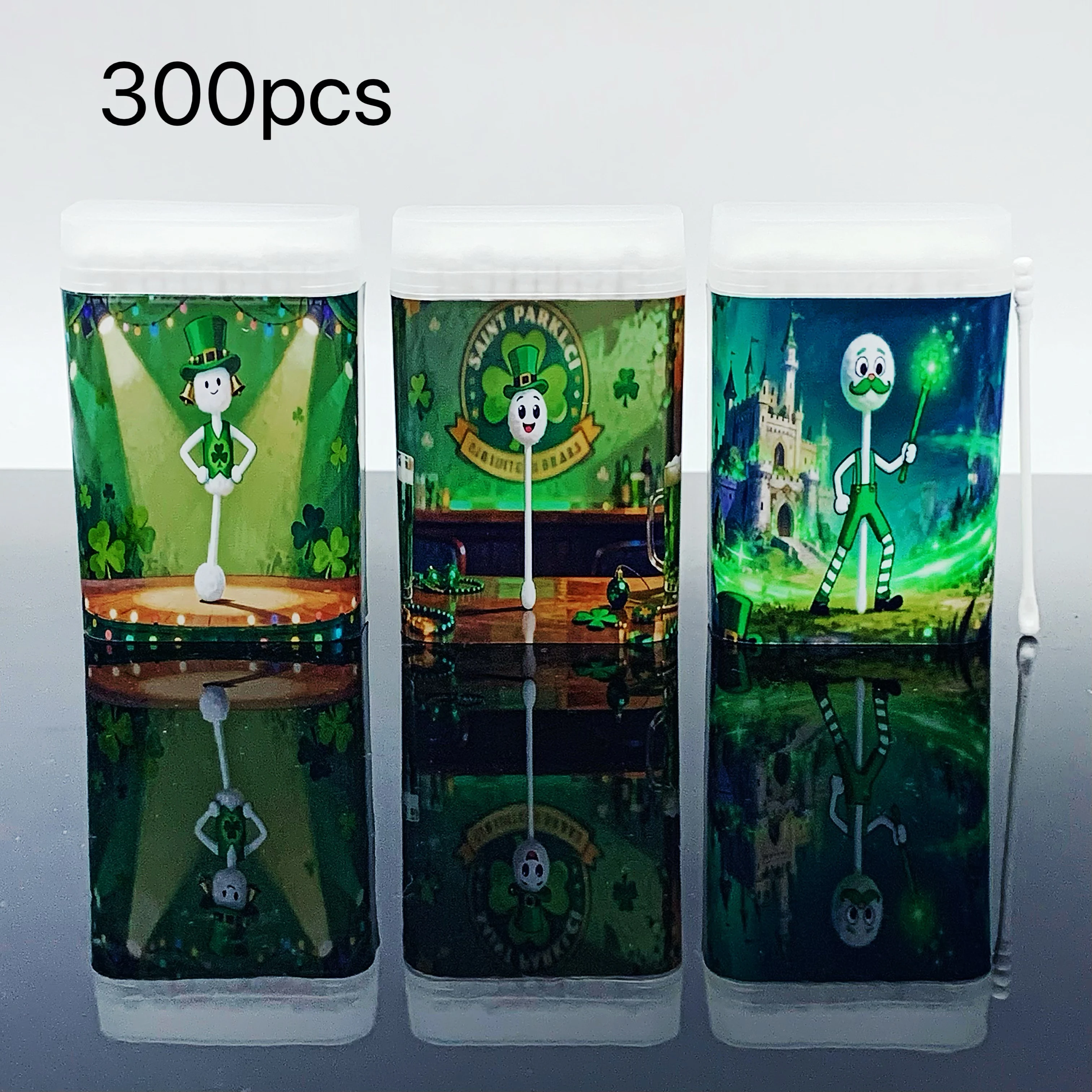 300 قطعة عيد القديس باتريك برأسين دوامة ملعقة أعواد قطنية الإبداعية سانت باتريك أعواد قطنية عصا