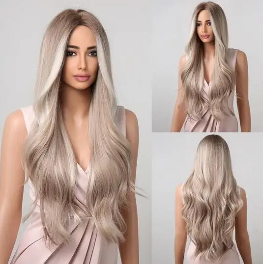 

Platinum blonde hair paired with white bright dark hair roots synthetic wig for women's wavy role-playing wig, heat-resistant