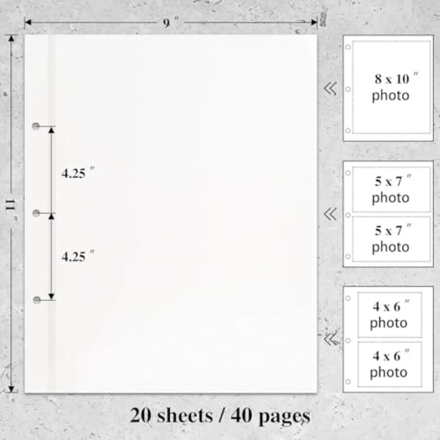 Refill Pages for 3 Ring Binder Photo Album - Self Adhesive, Compatible with 2x3, 4x6, 5x7, and 8x10 Photos or Recipe Cards 20 S