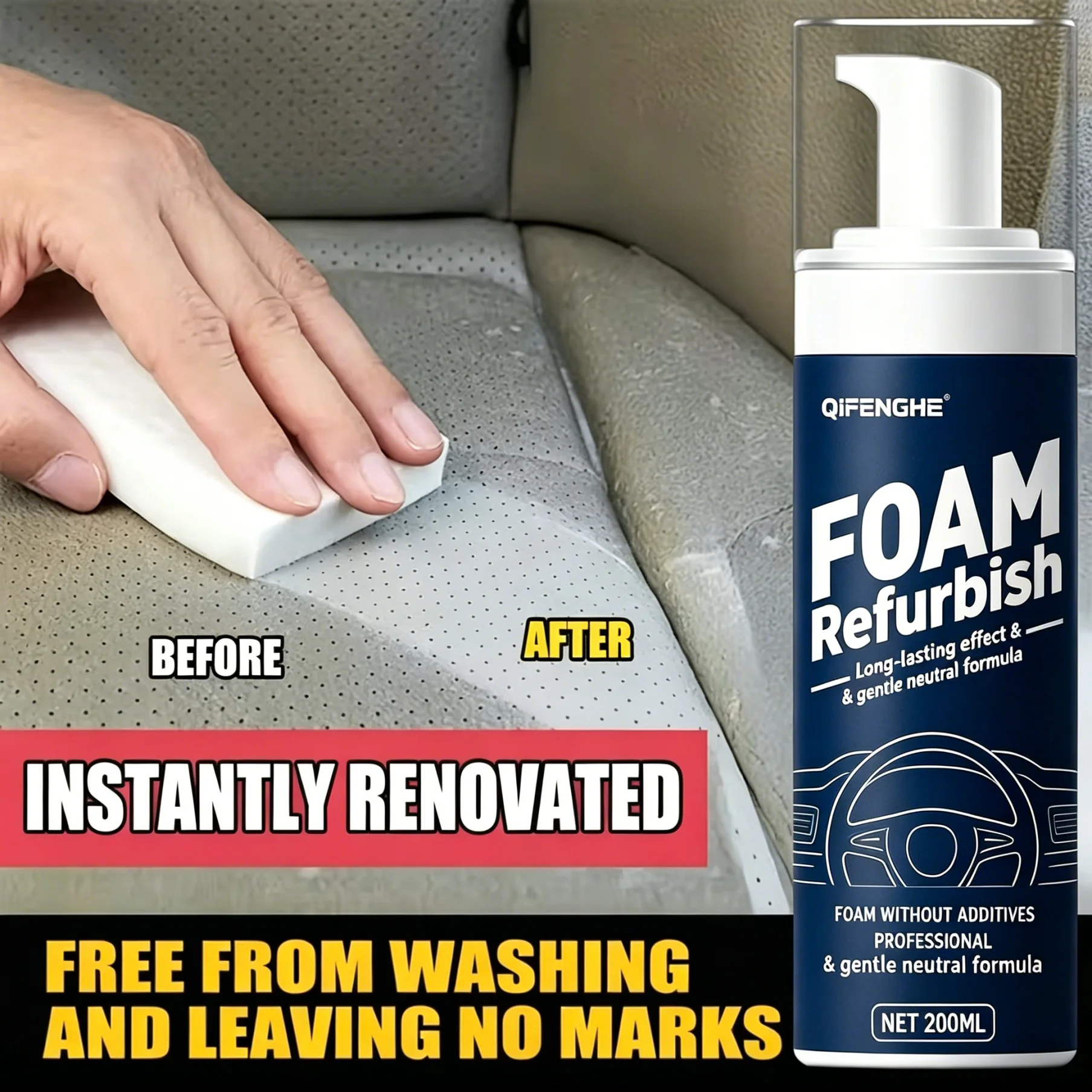 Foam Refurbish Spray, Gentle Neutral Long Lasting Formula, Wash Free Professional Grade for Car Dashboard Seat Steering Wheel