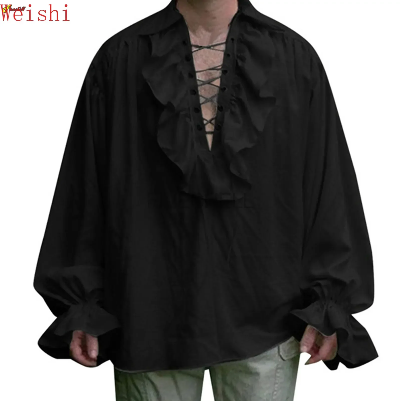 Medieval Mens Renaissance Costume Ruffled Shirts Long Sleeve Lace Up Steampunk Pirate Shirt Cosplay  Stage Costume for Women