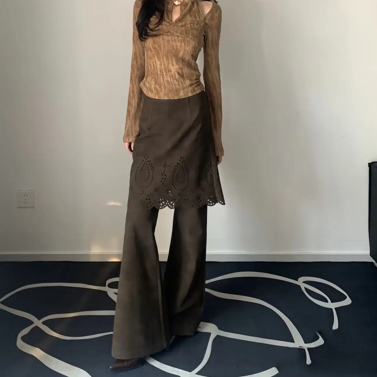 

Vintage Blending Process Cut-out Pattern Bootcut Pants Autumn High-waisted Commuter Plus-size Casual Trousers