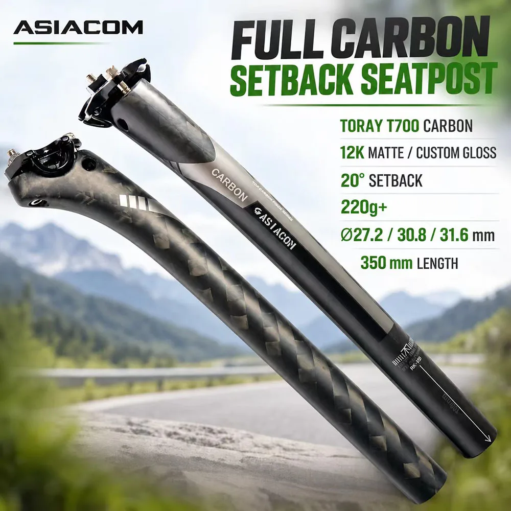 ASIACOM Full Carbon Fiber Setback Seatpost 12K T700 20° Offset 27.2/30.8/31.6mm 350mm for MTB Road Folding Bike Matte Gloss