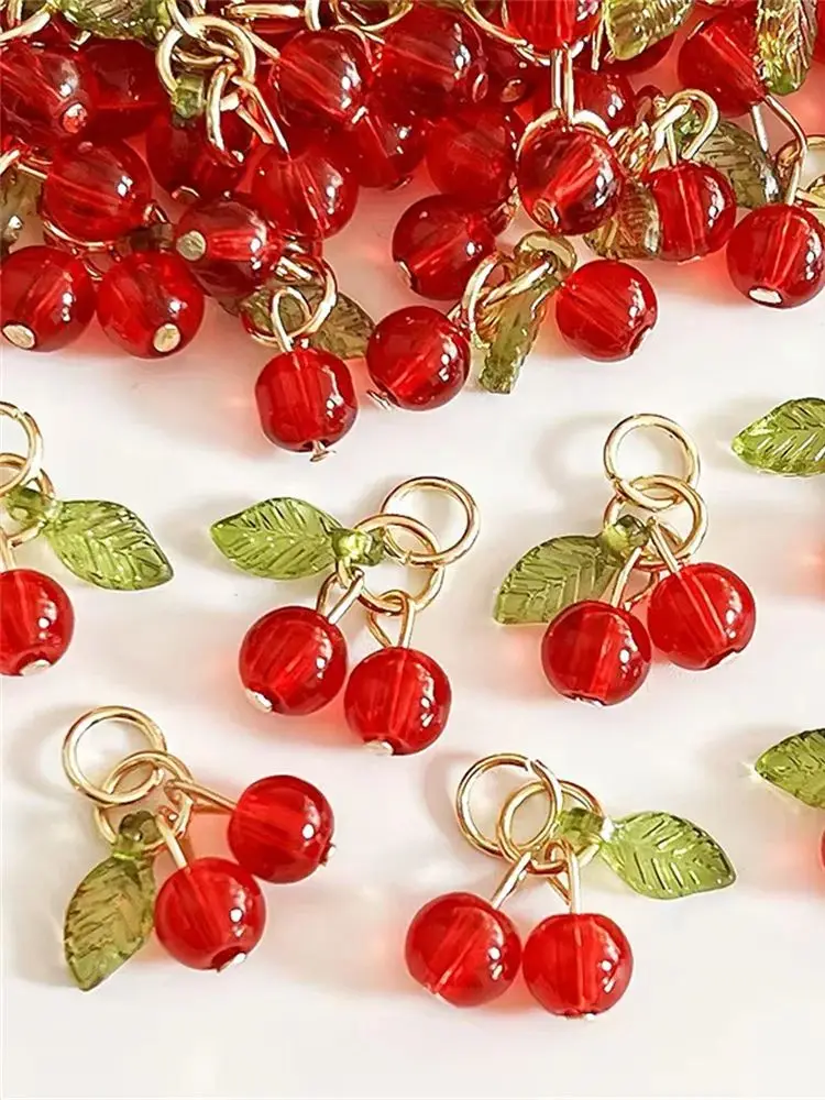 10 stks/pak Glas 3D Rode Kers Acryl Bedels Fruit Hangers voor DIY Oorbellen Kettingen Sleutelhangers Sieraden Maken Accessoires ﻿ - afbeelding 2