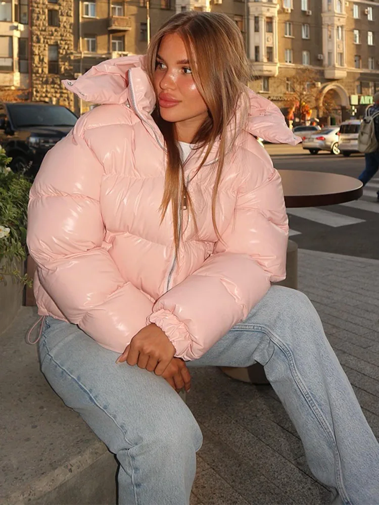 Kurze Glänzende Kapuzenjacke für Damen, Street-Style Stehkragen, Laternenärmel, Lose Passform, Modische Damenjacken, Neue Oberbekleidung – Detail 21