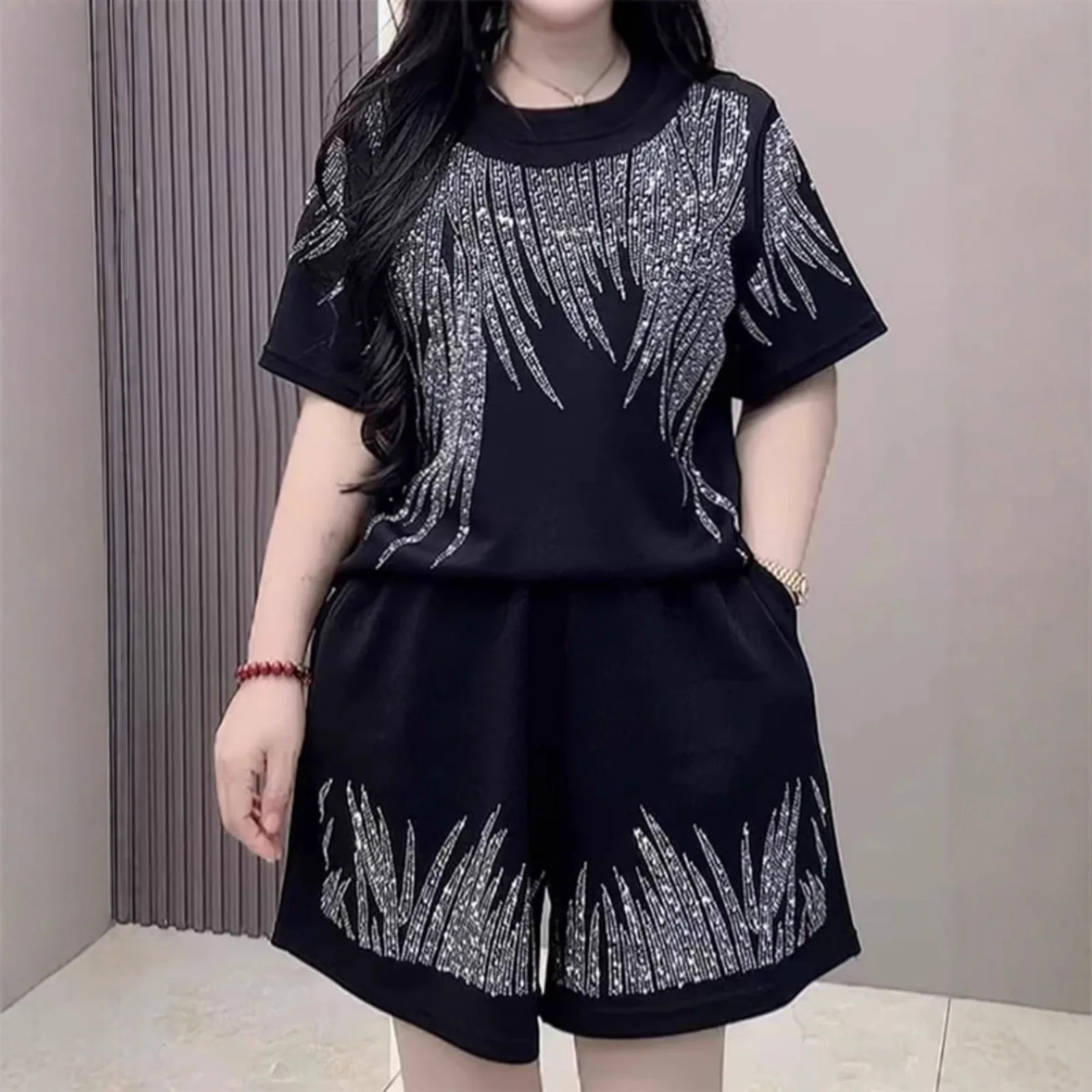 Pant Set Women Two Piece Sets Round Neck Tops Sequins Short Pants Elastic Waist Y2k Streetwear Elegant Casual Loose 2026 Summer