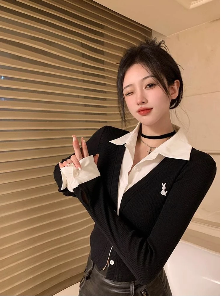  Collar Embroidered Long Sve Knitted Open Cardigan Women's Slim Fit ort Sle Fake Two-Piece Top Ci Walk Commute S...