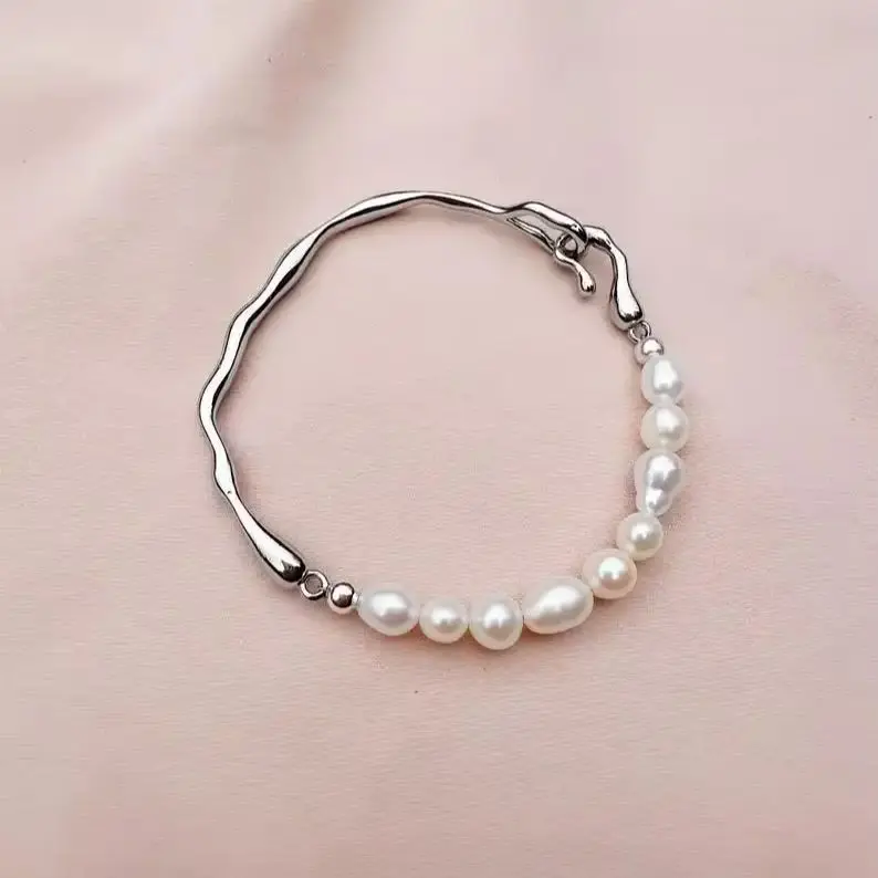 Hengsheng AAA Quality 5-6mm Baroque Genuine Freshwater Pearl Bangles for Women 18cm Pearl Bracelet Bangles Jewelry Gift