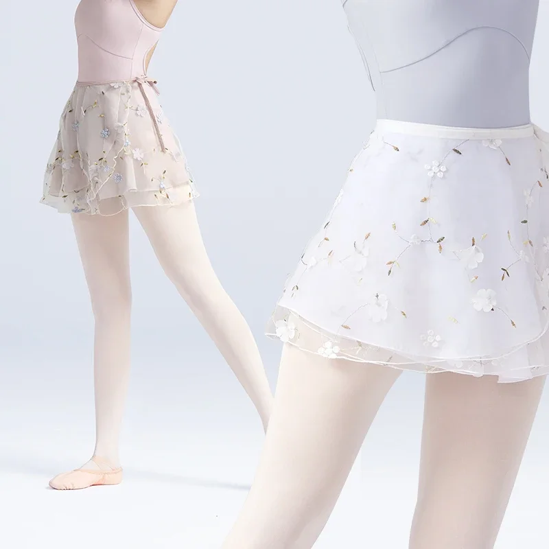 Women Ballet Skirts Embroidery Floral Mini Wrap Short Dance Skirts 2 Layers Adult Big Girl Dancewear Performance Ballet Costumes